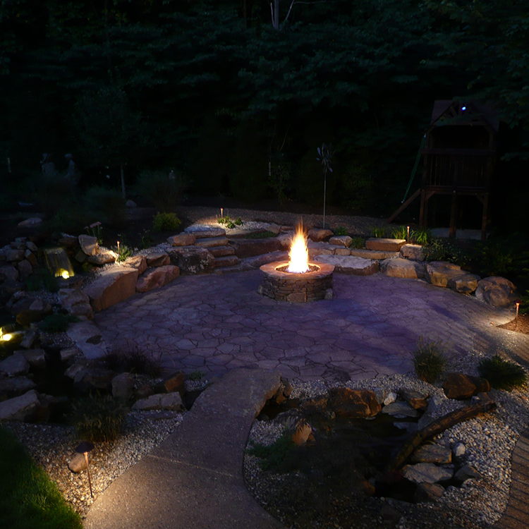Outdoor fireplace at night