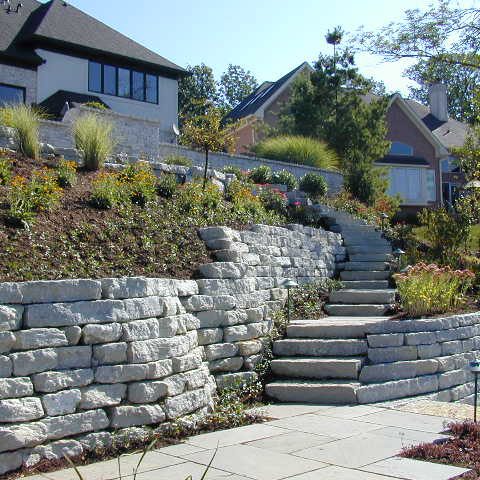 Backyard landscaping with stone wall and steps