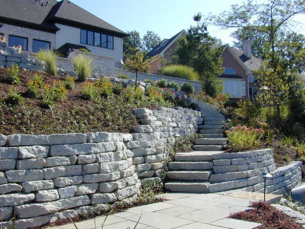 Backyard landscaping with stone wall and steps