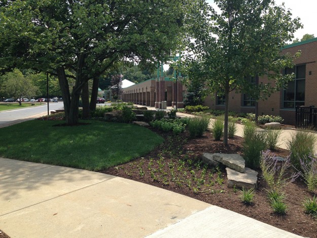Outdoor landscaping with boulders