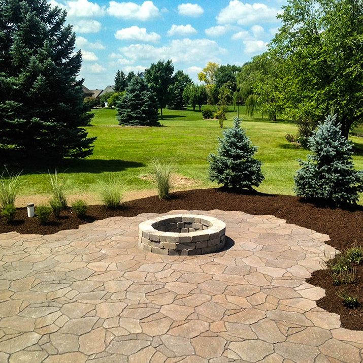 Outdoor living space with fireplace