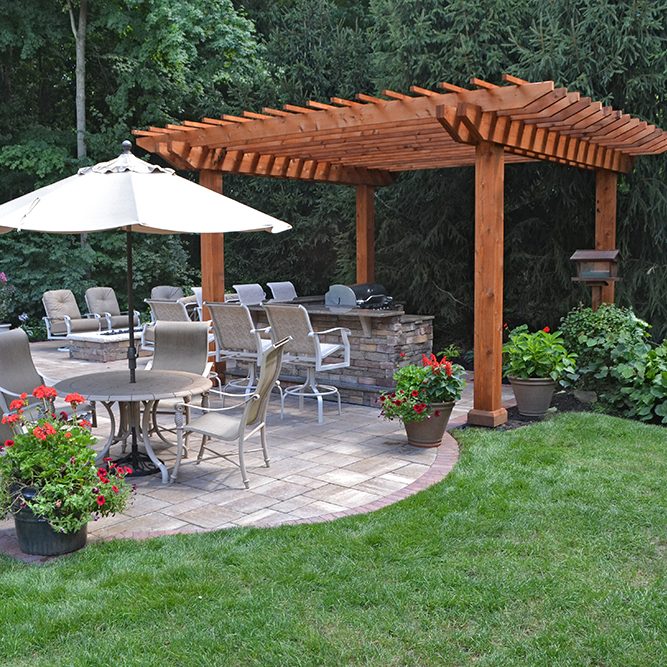 Outdoor living space with bar and pool